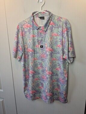 BAD BIRDIE Men Polo Tee shirt Size Large Golf Wear Active Flamingo Pattern